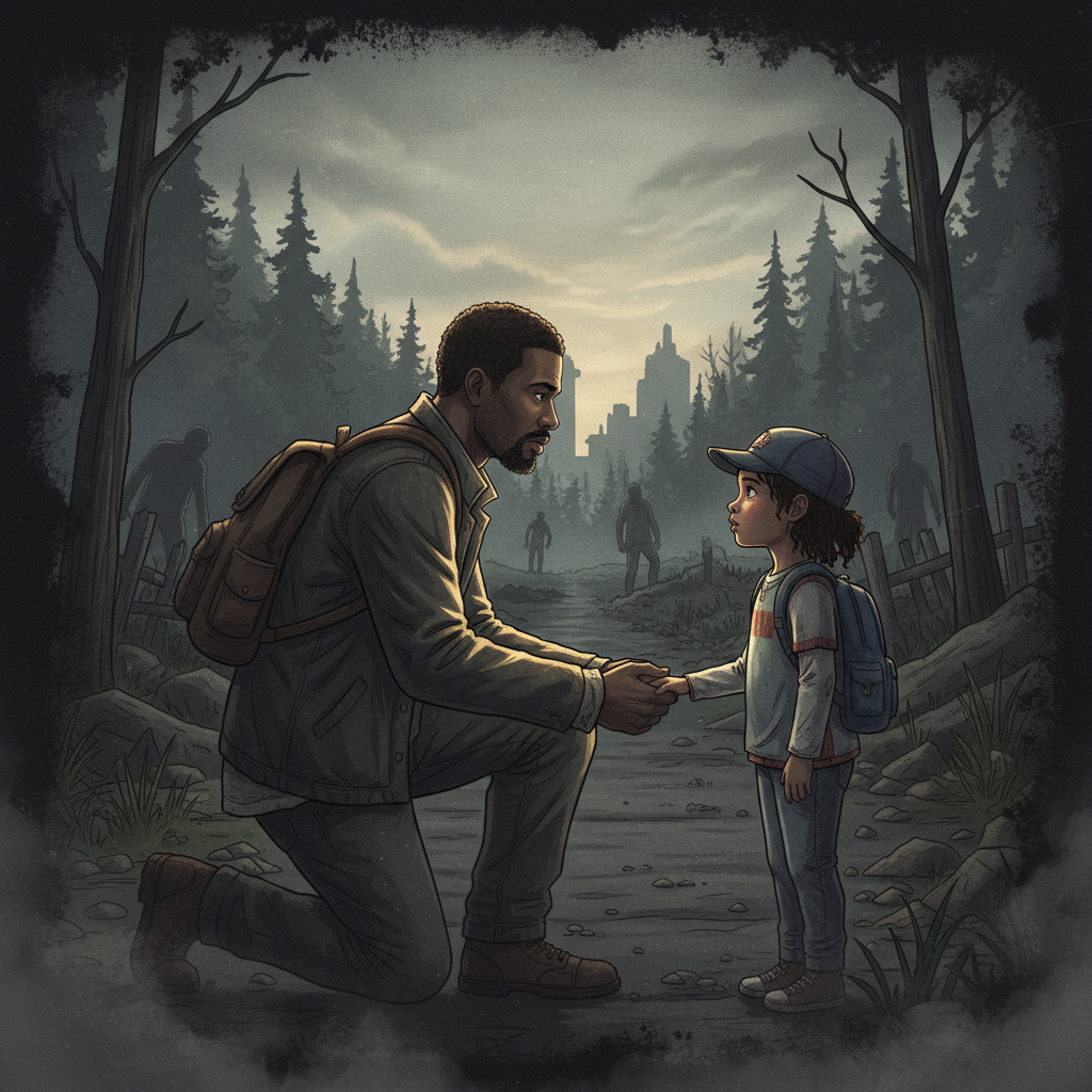 The Walking Dead Season 1 legacy retrospective image depicting Lee Everett and a young Clementine in their iconic partnership, illustrating the emotional storytelling that defined Telltale's survival series