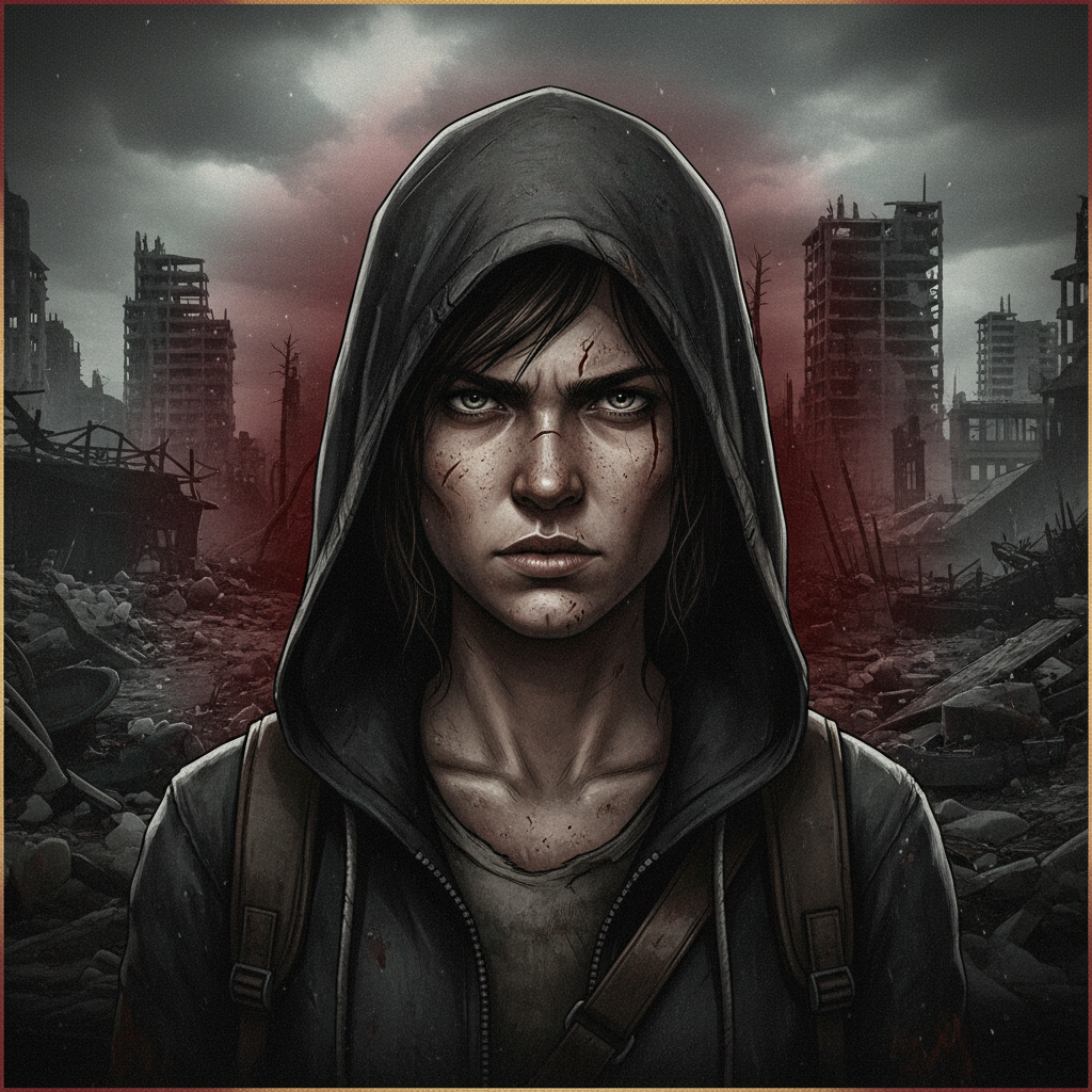 The Walking Dead Season 3 character portrait of Clementine, aged nineteen, wearing a dark hood with a determined and weathered expression, set against a bleak post-apocalyptic background