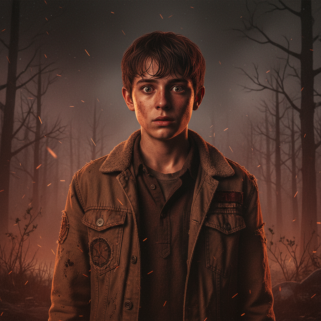 The Walking Dead Season 3 character portrait of Eli, a returning child survivor now a teenager with anxious eyes, wearing a worn jacket in dim campfire light