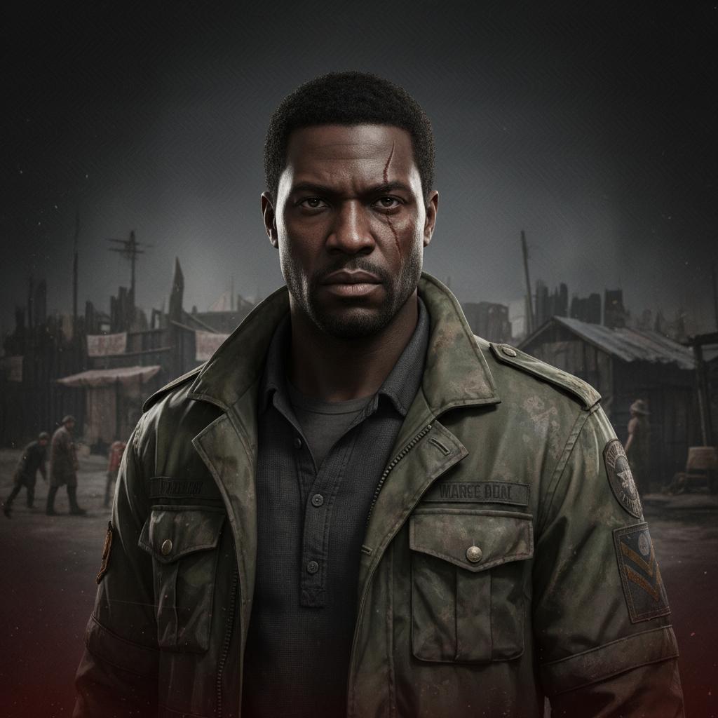 The Walking Dead Season 3 character portrait of Marcus Cole, a Black man in a worn military jacket with a scarred face and serious expression, a settlement leader and new major character