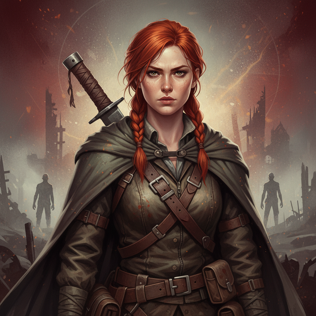 The Walking Dead Season 3 character portrait of Yara Vance, a fierce red-haired woman with a machete strapped to her back, a nomadic trader and morally complex new survivor