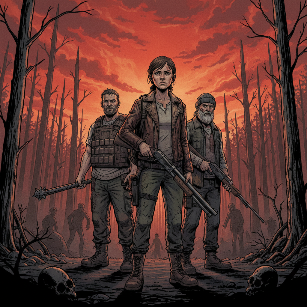 The Walking Dead Season 3 official cover art featuring Clementine as a hardened survivor in a dark post-apocalyptic forest with a blood-red sky, flanked by new and returning characters, 2026