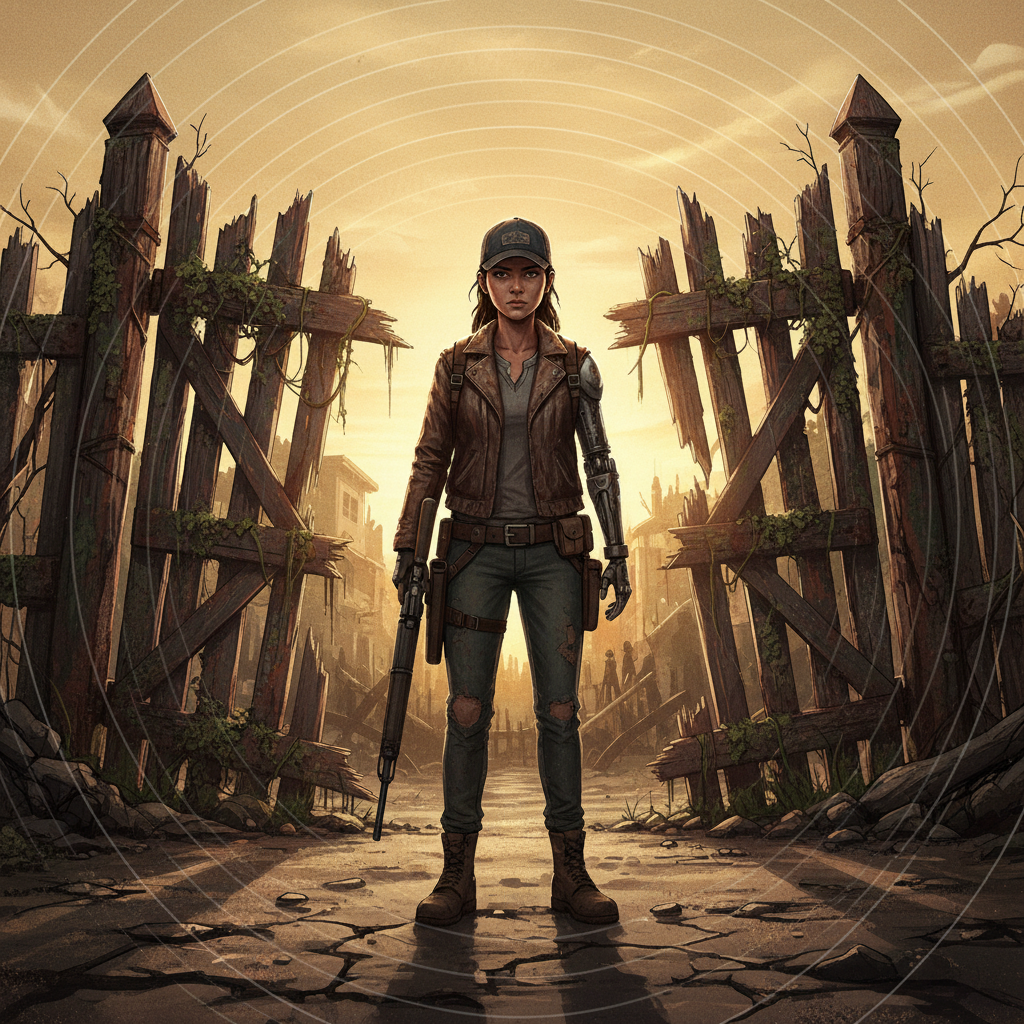 The Walking Dead Season 3 preview image of adult Clementine standing before ruined settlement gates in golden hour light, representing the weight of leadership and the new direction of Season Three's narrative