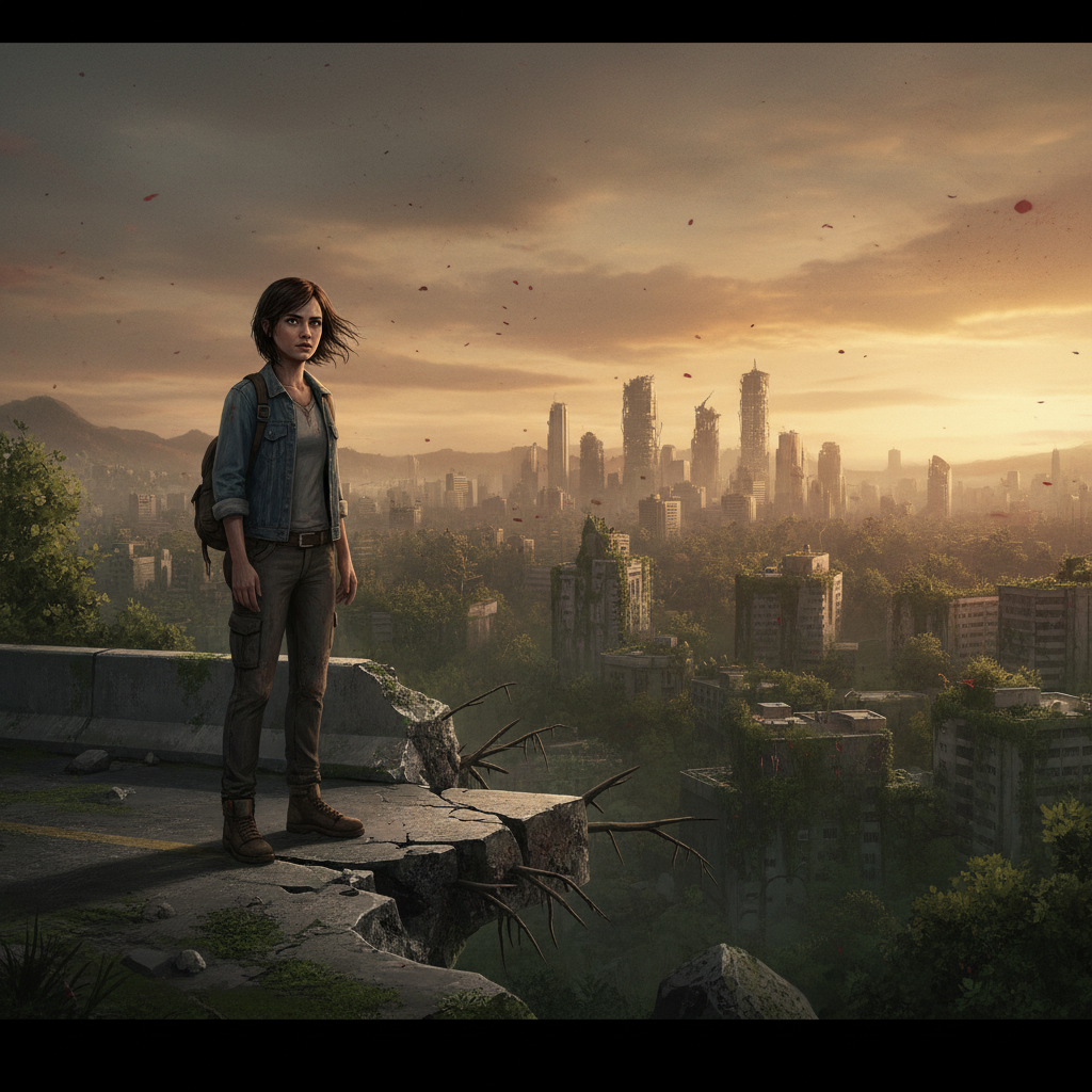 The Walking Dead Season 3 story scene showing Clementine standing at the edge of a crumbling motorway bridge overlooking a ruined overgrown city at dusk, with an orange and grey apocalyptic sky